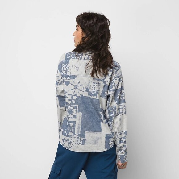 NWT Vans HOMESPUN LONG SLEEVE WOVEN TOP in Ashley Blue Size XS - Picture 3 of 9